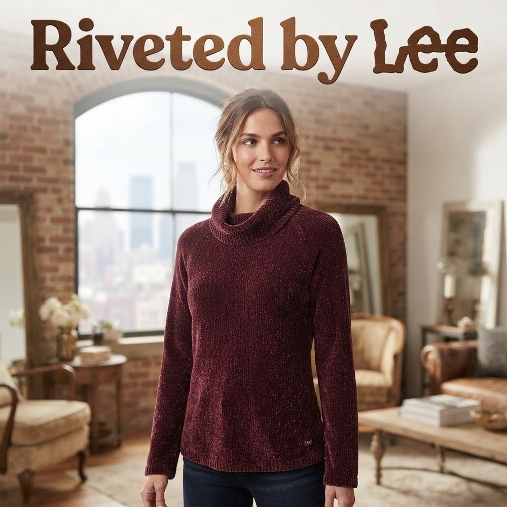 Riveted by Lee Sweater L Work Burgundy Chenille Cable Knit Cowl Neck Long Sleeve
